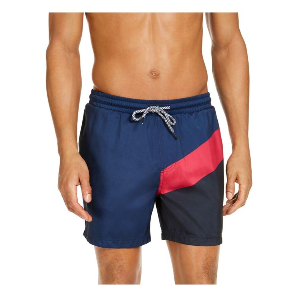 INC Mens Navy Lined Color Block Classic Fit Swim Trunks XXL